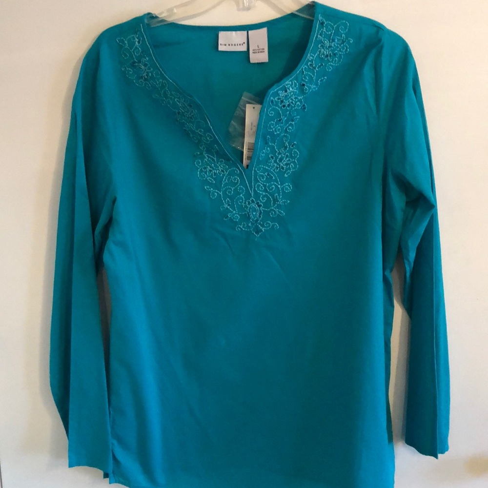 NWT Kim Rogers turquoise cotton tunic. Size Large